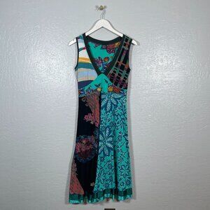 Desigual Women L Multi Colored Patchwork Dress Embroidery V Neck Sleeveless